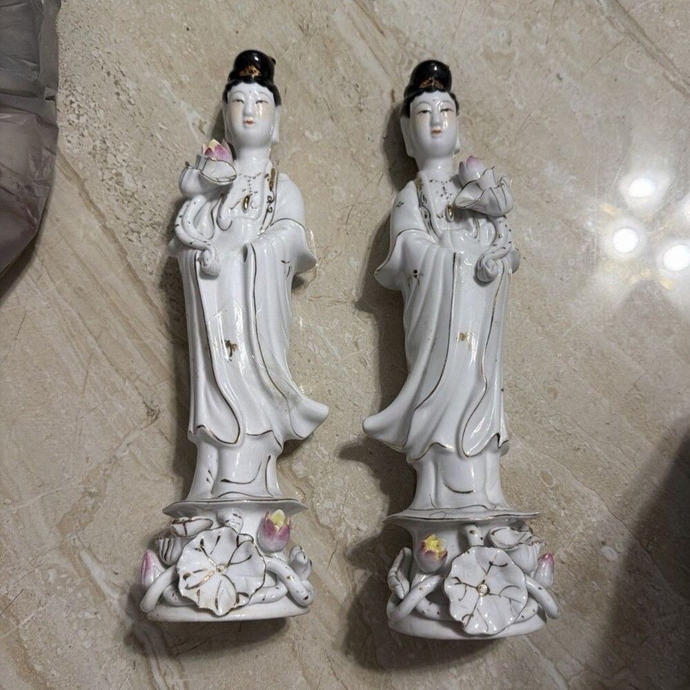 Pair of Chinese Porcelain Female Figurines with Floral Base, White Statues